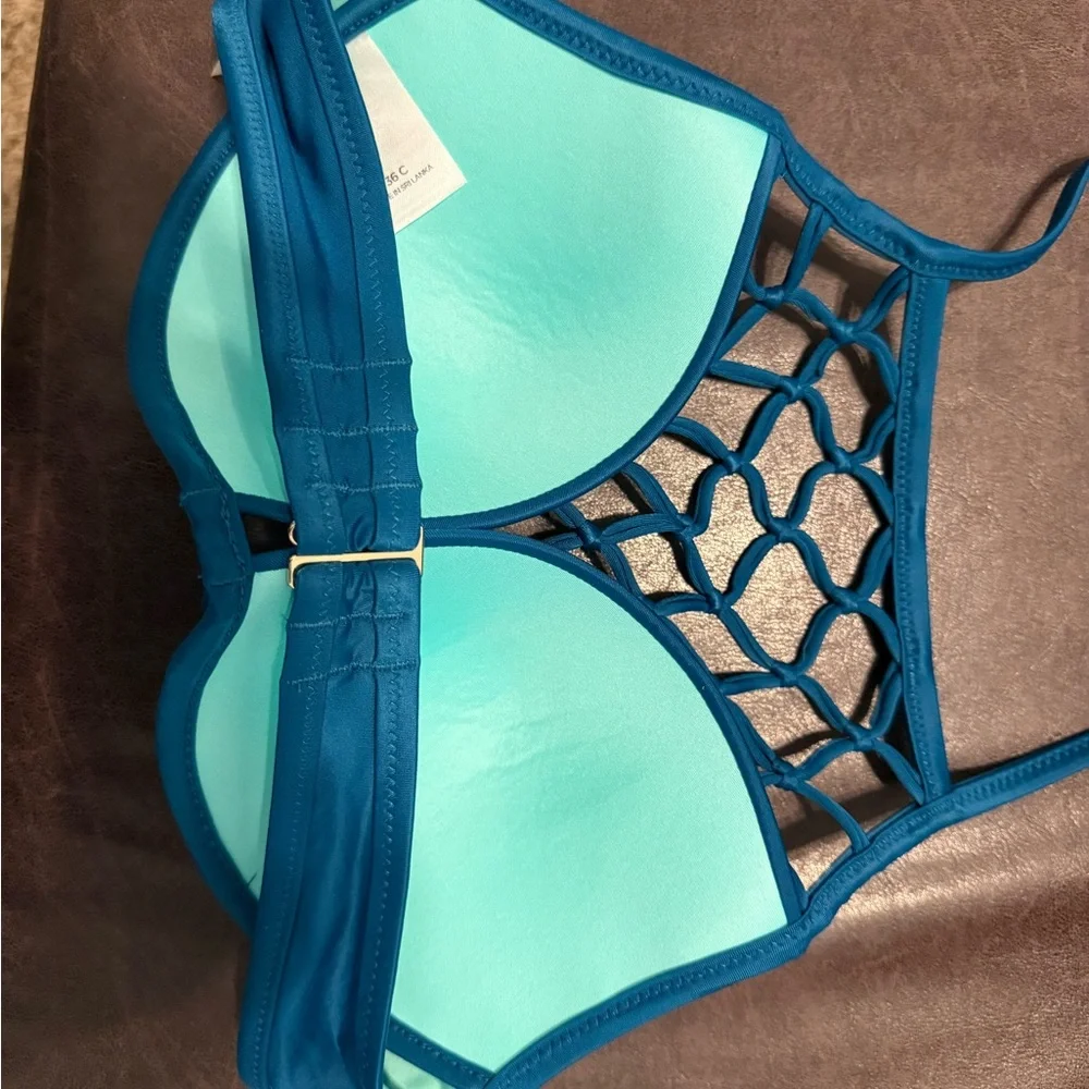 🌴💜💎Teal Shade & Shore Underwire Bikini Top 36C | Macramé Net Swim Halter Top